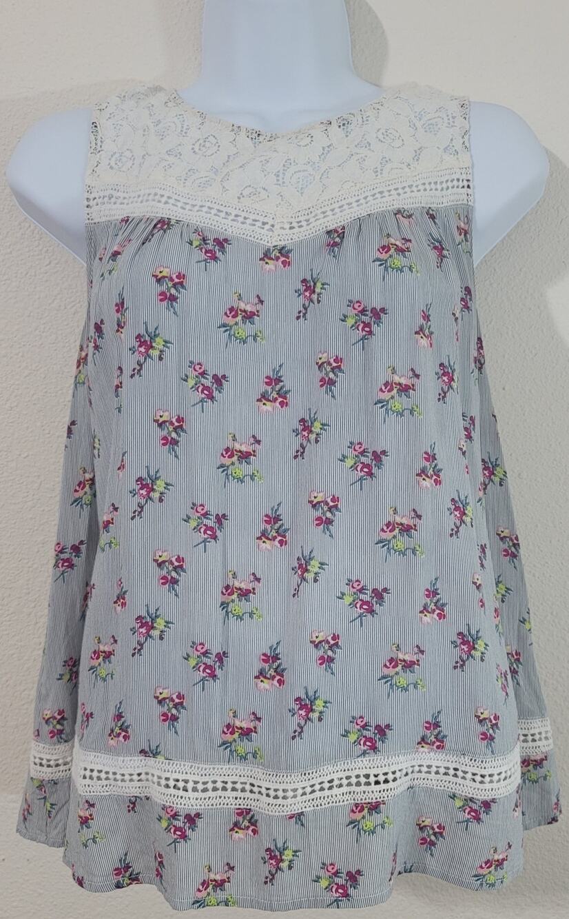 Hummingbird Blue White Stripe Floral Print Tank Shirt Small Lace Bodice Soft
